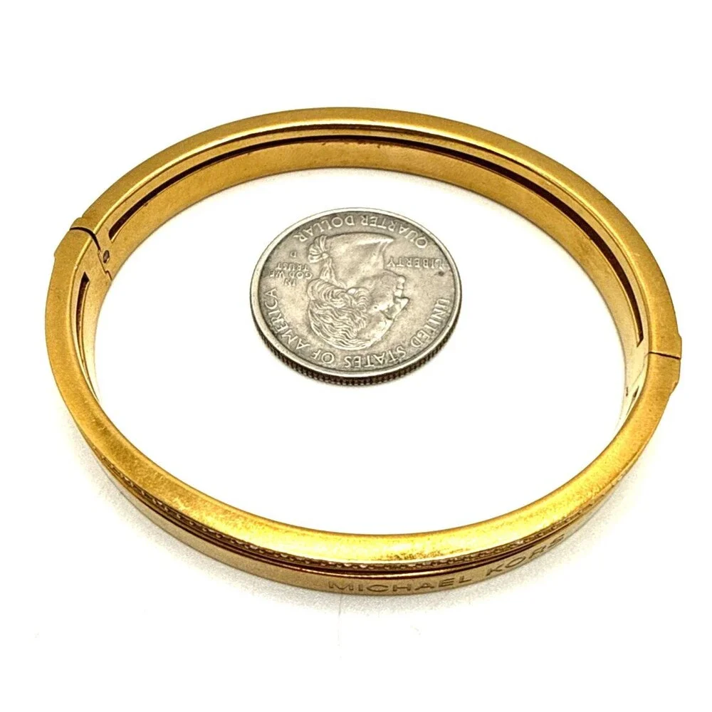 Michael Kors Gold Tone Crystal Rhinestone Bracelet Hinged Logo Bangle 7.5